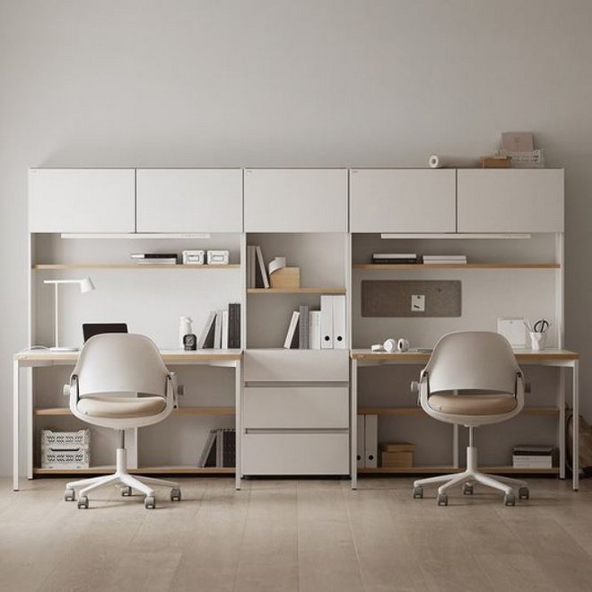 데스커 5단 콘센트형 책상세트+조명+도어+의자 (1400x590)_이미지