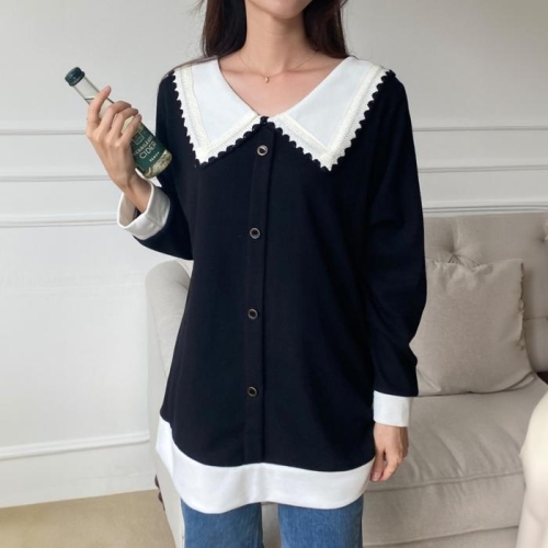 강물처럼 빅사이즈레이스티 O677L502 바이단추배색카라긴팔티 BS