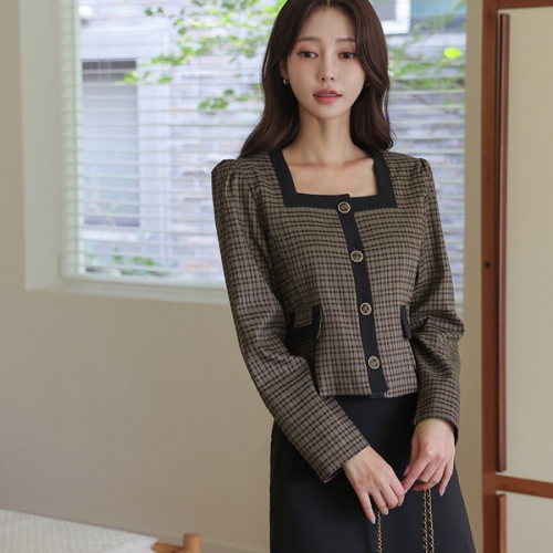 오드 OTO288 체크 콤비 배색 라인 스퀘어넥 자켓_이미지