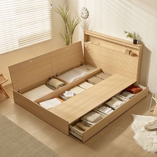 알파침대 이브 1단 수납 LED침대 Q (애쉬드본넬)_이미지