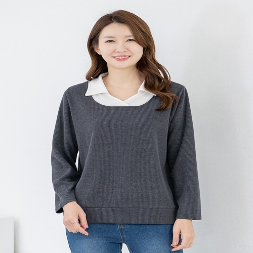 모슬린 엄마옷 배색 카라 골지 긴팔티셔츠 602FGH063 마담/중년_이미지