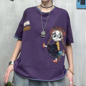 새로본 7 여름 다581-582여성반팔티 빅사이즈 여자 미시라운드티 나염프린트 다313굿T-퍼플 Free_이미지