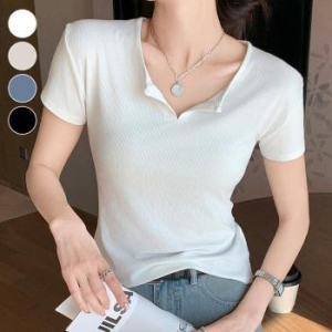오노마 ONM 여름티 반오픈 쇄골보이는 날씬 슬림핏 반팔티셔츠 32100185_이미지