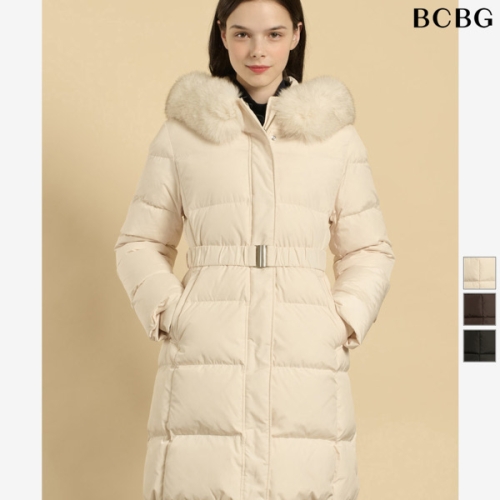 BCBG 아이보리 벨티드 라인 퍼 후드 다운 B5WAF88013