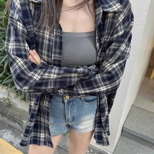 오노마 ONM 오버핏 박시핏 긴팔 체크 셔츠 여성 남방 스타일 41582267_이미지