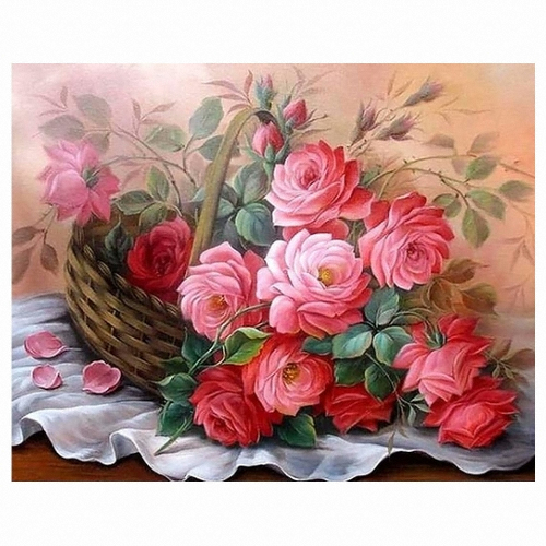 케이엠엘리 보석십자수 3D 향기가득 꽃바구니 50x40cm 원형큐빅