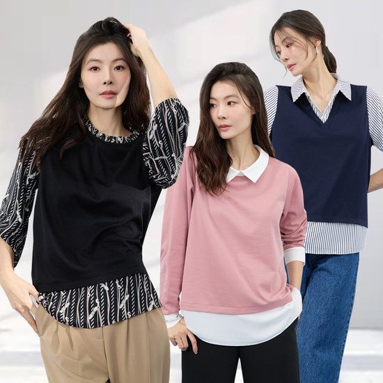  메시제이 러블리 블라우스 3종 스트라이프 레이어드 빅사이즈 30대 여성 결혼식하객룩 오피스룩 3129237