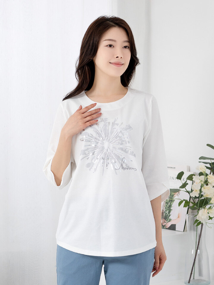 엄마옷 실버 해바라기 라운드 7부 티셔츠 614FGH497 마