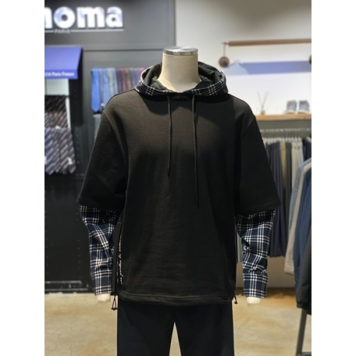 레노마 S/S 체크 레이어드 오버핏 블랙 후드 RPIMTT03A