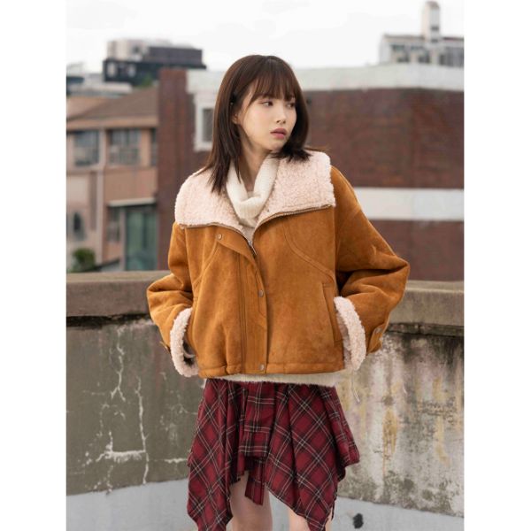 GREEN LAB FAUX 레더 오버사이즈 벨슬리브 무스탕 스웨이드 베이지 438984