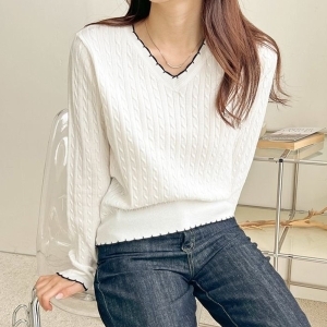 샵앤 국산 여성 터크 V넥 꽈배기 니트 21DS-WKN-3770-베이지 21DS-WKN-3770-블랙FREE_이미지