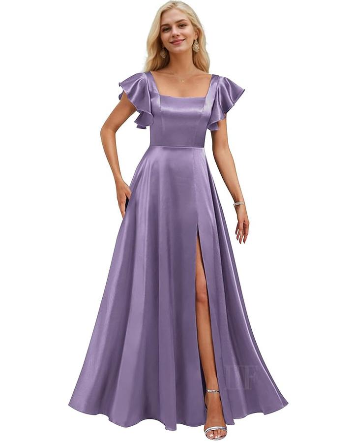 사틴 주머니가 있는 반소매 신부 들러리 드레스 스퀘어 넥 A라인 프롬 가운 드레스 슬릿 IIF134, 로열 블루_이미지