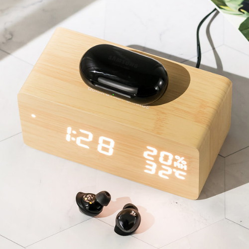 플라이토 우드 고속 무선충전 LED 온습도 탁상시계_이미지