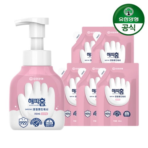 유한양행 해피홈 세이프365 포밍 핸드워시 핑크포레향 350ml + 리필 200ml 5개