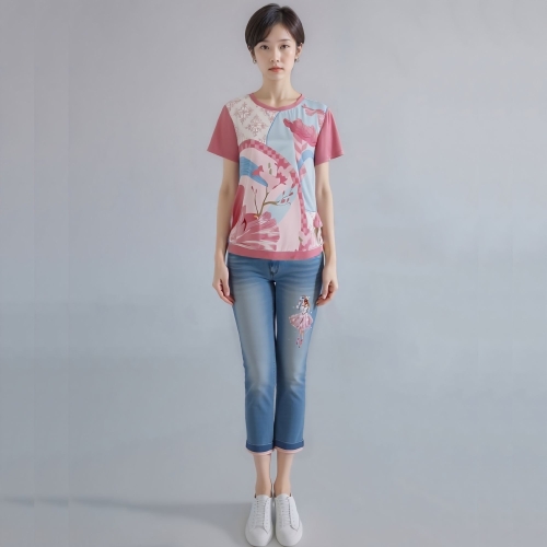 24년 봄 여름 중년 여성 나염 패치 라운드 티셔츠RNM8PO420F-CC