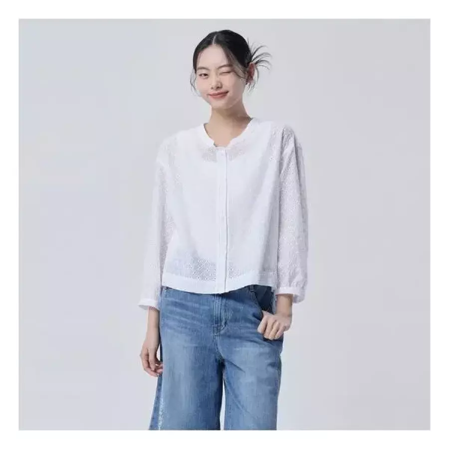 베네통 여성 소르베 아일렛 라운드넥 블라우스 BABL57631IV_이미지