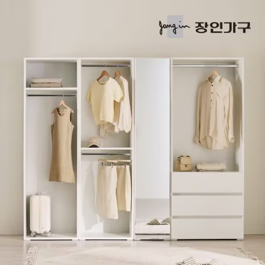 장인가구 클래드 드레스룸 400 거울장 600 1단 600 2단 800 3단서랍 행거 세트 2400