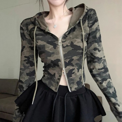 핫바 브리치 HOTBBA / 밀리터리 투웨이지퍼 카모 크롭후드집업 NF 1004394