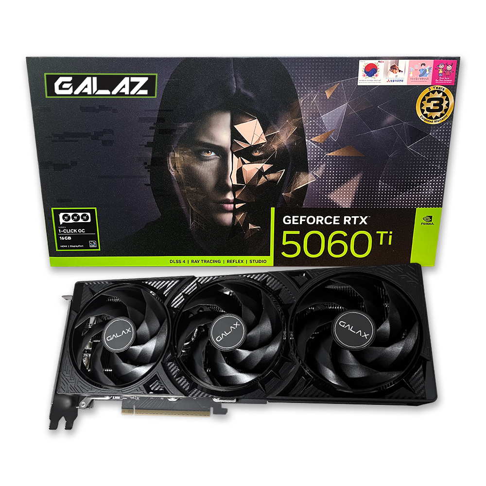 갤럭시 GALAZ 지포스 RTX 5060 Ti BLACK 3X D7 16GB DUAL HDMI이미지입니다. 누르면 해당 게시물로 새창이동합니다.