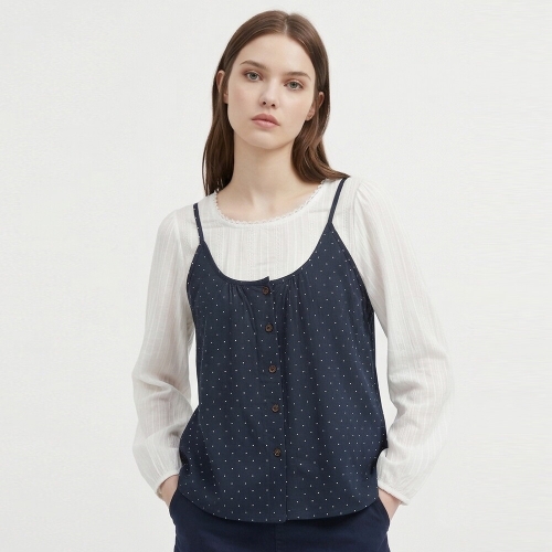 샵앤 여성 라운드 레이스 도트 땡땡이 뷔스티에 블라우스 NTT-WBL-21150-네이비
