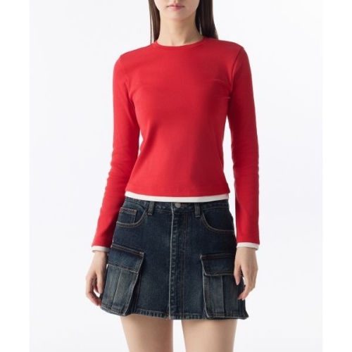 무신사 무신사 스탠다드 STANDARD WOMAN 우먼즈 레이어드 헴 슬림 긴소매 티셔츠 레드/크림 201376