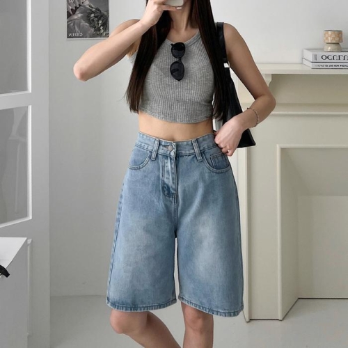  셀러허브 여성 여자 5부 청반바지 와이드데님반바지