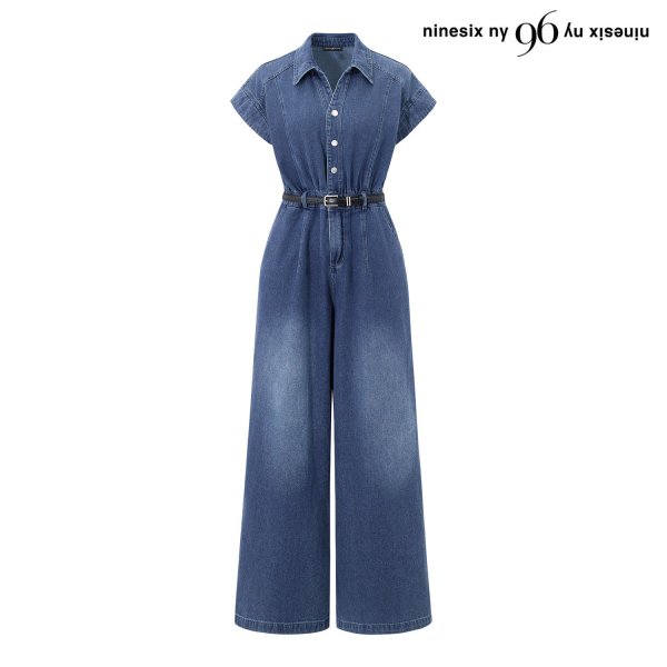 96NY 여성 벨티드 캡 소매 카라 데님 롱 점프수트 NQ2OW008L0_이미지