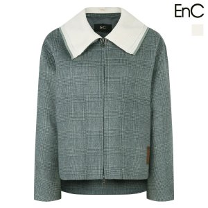 이앤씨(EnC) 니트카라 체크 케이프 코트 ENJH34T02W_이미지