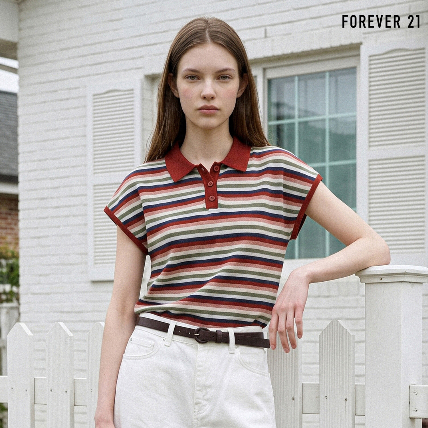  FOREVER21 카라 배색 스트라이프 캡소매 니트 FTDBNT031