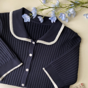 파파브로 범블 여성 카라넥 단추 오픈 골지 반팔 니트 가디건 DGB-WCD-2369_이미지