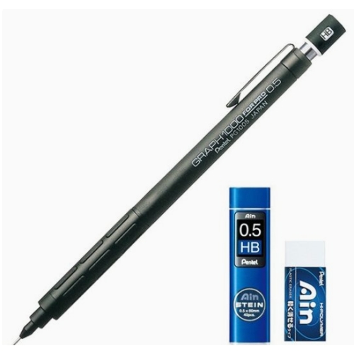 펜텔 그래프 1000 FOR PRO 샤프 0.5mm PG1005 + AIN 0.5mm HB + AIN 지우개 세트 1세트_이미지