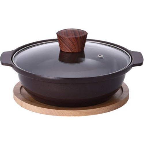 남양키친플라워 쿠킨 세라믹 인덕션 뚝배기 냄비 + 나무 받침대 세트 (20cm)_이미지