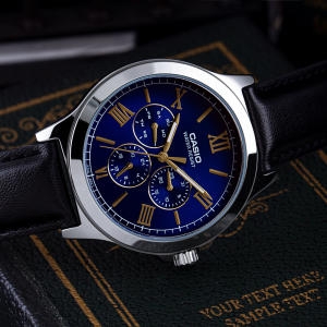 MTP-V300L-2A Mens Standard Leather Band Multifunction Blue Dial Watch