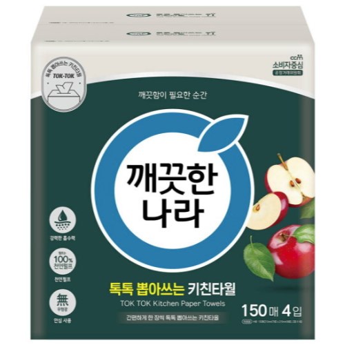 깨끗한나라 톡톡 뽑아쓰는 키친타월 150매 (4입)이미지입니다. 누르면 해당 게시물로 새창이동합니다.
