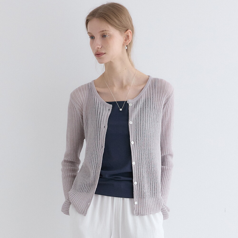 아워호프 린넨 라운드넥 립브드 가디건 Melange Grey HK26SM-KN17-MEL_이미지