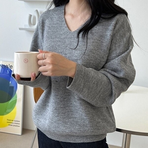 모던 여성 골지 브이넥 오버핏 울 긴팔 니트 KYR-WF8CD6D_이미지