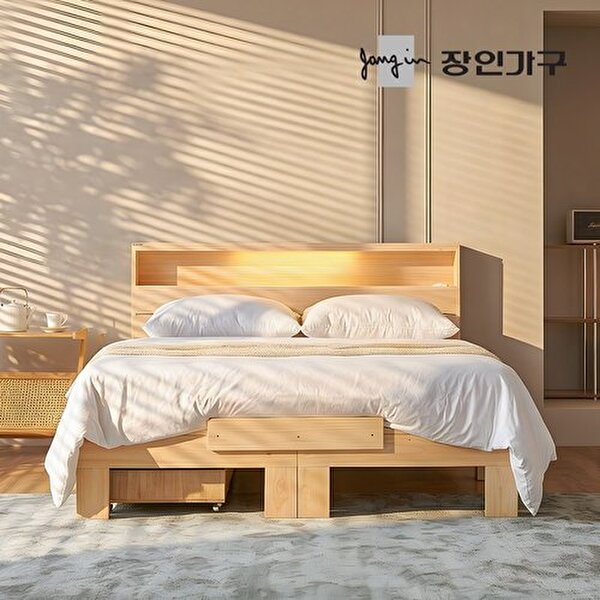 장인가구 온숨 편백나무 통원목 헤드형 서랍 H300 LED침대 Q (매트별도)_이미지