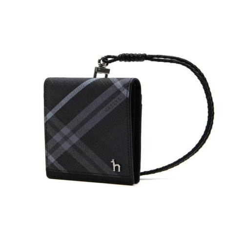 LF 헤지스 남성 블랙 체크 가죽 폴더형 목걸이 카드지갑 HJHO5F660BK