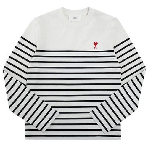 AMI 드 꾀흐 하트 로고 스트라이프 긴팔티 UTS300 072 (101, 화이트)
