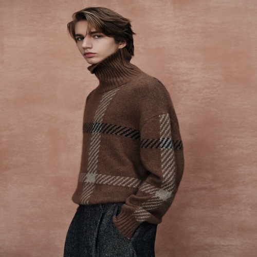 닥스 남성 카멜 라쿤 울 혼방 코너 체크 스웨터_DMSW5DF02CM