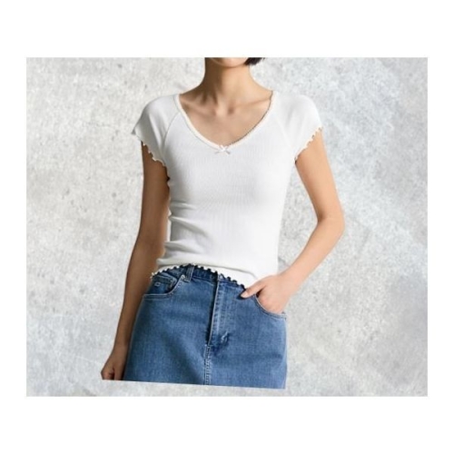 타미진스 TOMMY JEANS 스트레치 브이넥 립 티셔츠 T32F1TTO35TWT1YBH T32F1TTO35TWT1YBH 152532_이미지
