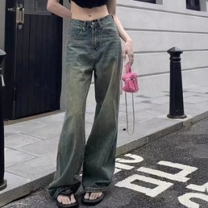 올드스쿨 워싱 여자 하이웨스트일자핏 청 슬랙스 WFJTEG9