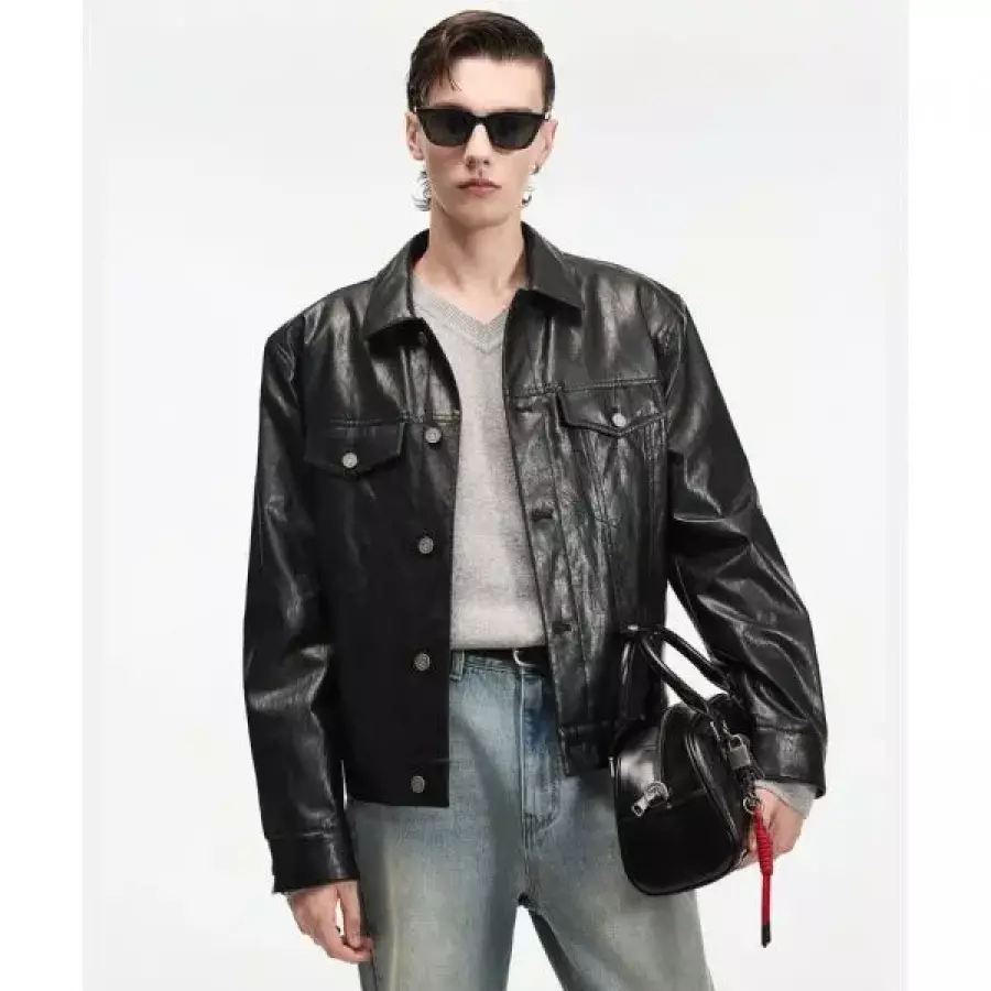 LF TNGT Faux Leather Trucker Jacket Washed Black TNJU6F101BK