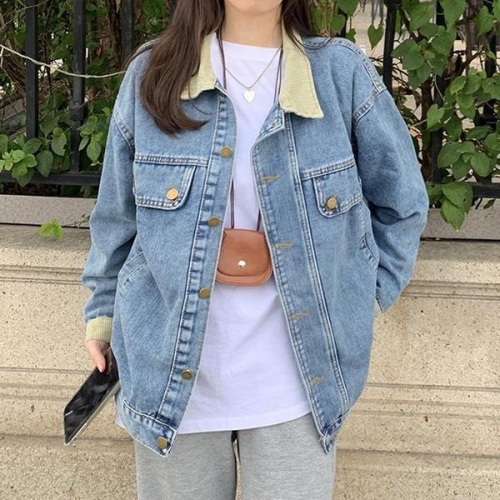 셀러허브 여성 연청 루즈핏 데일리 배색 카라 청 데님 자켓 LK-J005 S20237124