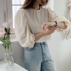 수프 KDH312E레드리 여성 여리여리 라운드 링 프릴장식 슬리브 볼륨 블라우스