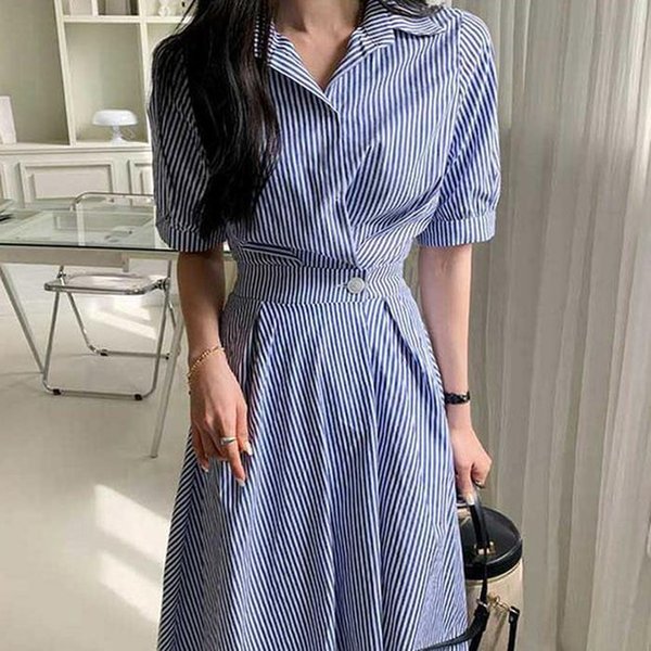 더블디 데일리 스트라이프 뒷밴딩 셔츠 원피스 TDN-0149 40698907A