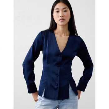 바나나리퍼블릭 우먼 실키 Seamed Slit 블라우스 프레피 네이비 11103344_이미지