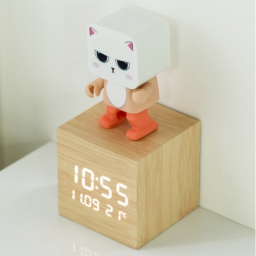 지성아이엔씨 플라이토 ㅤ우드 큐브 플러스 LED 탁상시계 + 댄싱 스피커_이미지