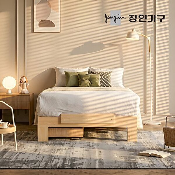 장인가구 온숨 편백나무 통원목 평상형 무헤드 서랍 침대 SS (매트별도)_이미지