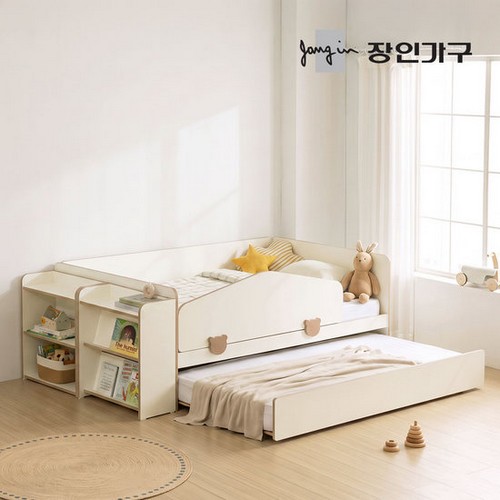 장인가구 로빈 데이베드 슬라이드 2단침대 SS+안전가드+책장+선반